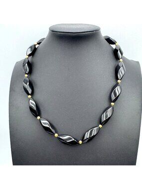 Napier Vintage Beaded Twist Necklace Black & Gold Acrylic Beads 18 Inch Classic